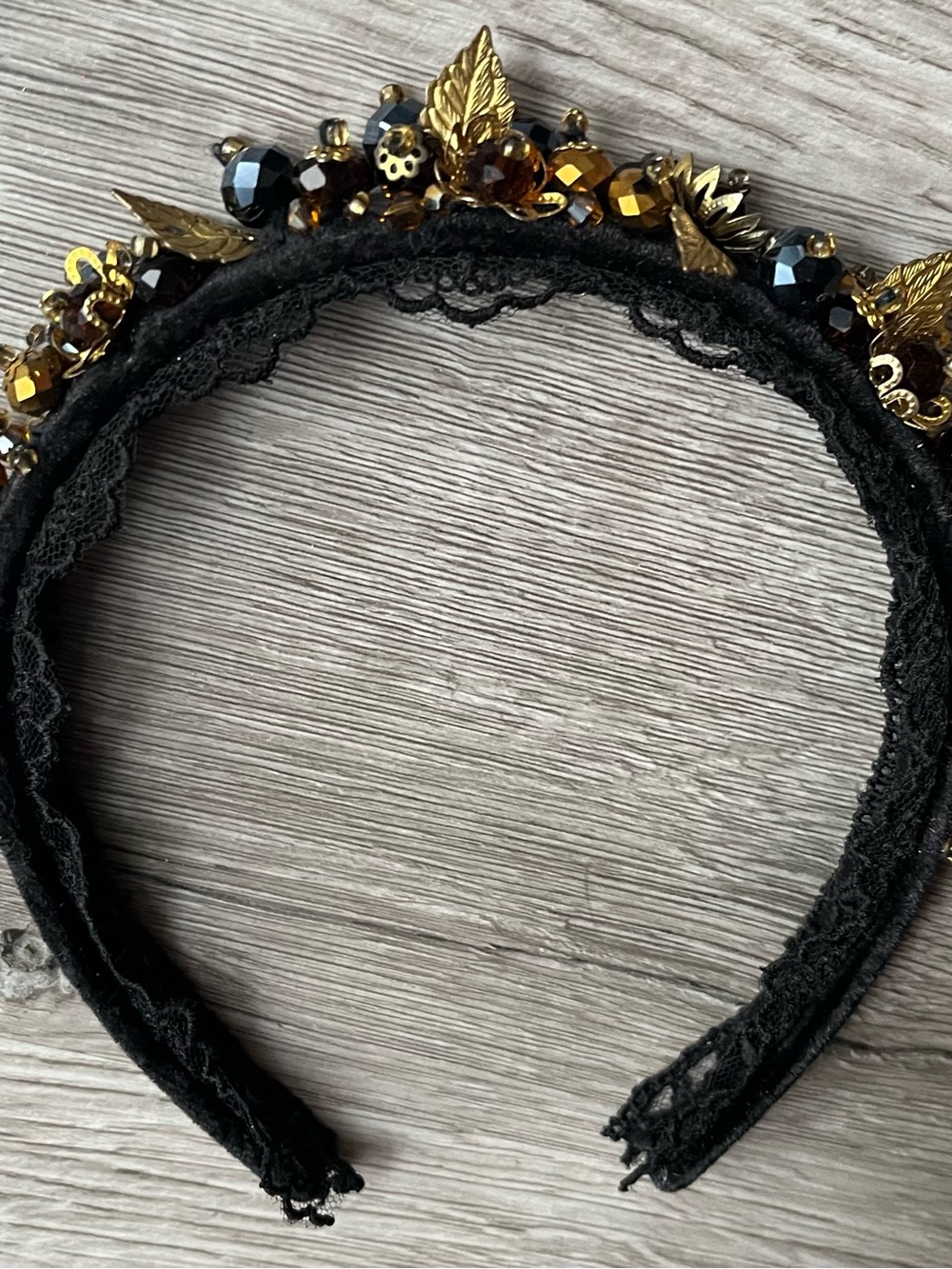 Whimsigoth Black Lace Beaded Headband with Gold Leaf Charms